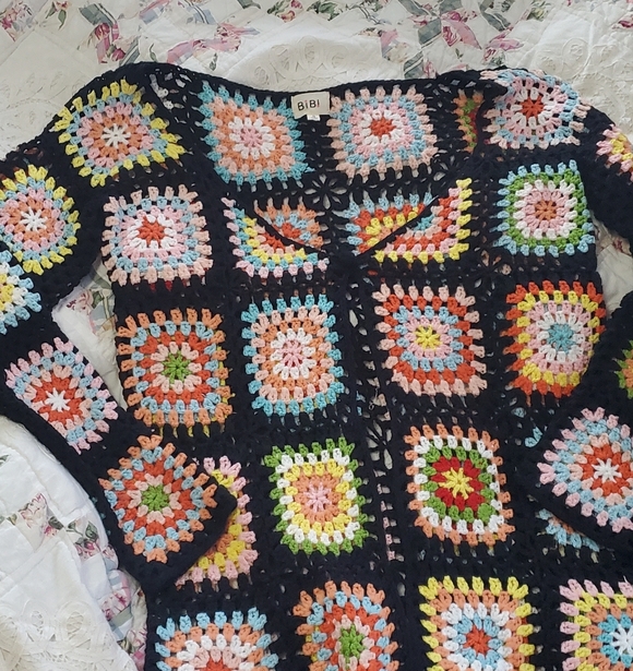 BiBi Sweaters - BiBi Black Crochet Granny Square Cardigan with Multicolor Accents